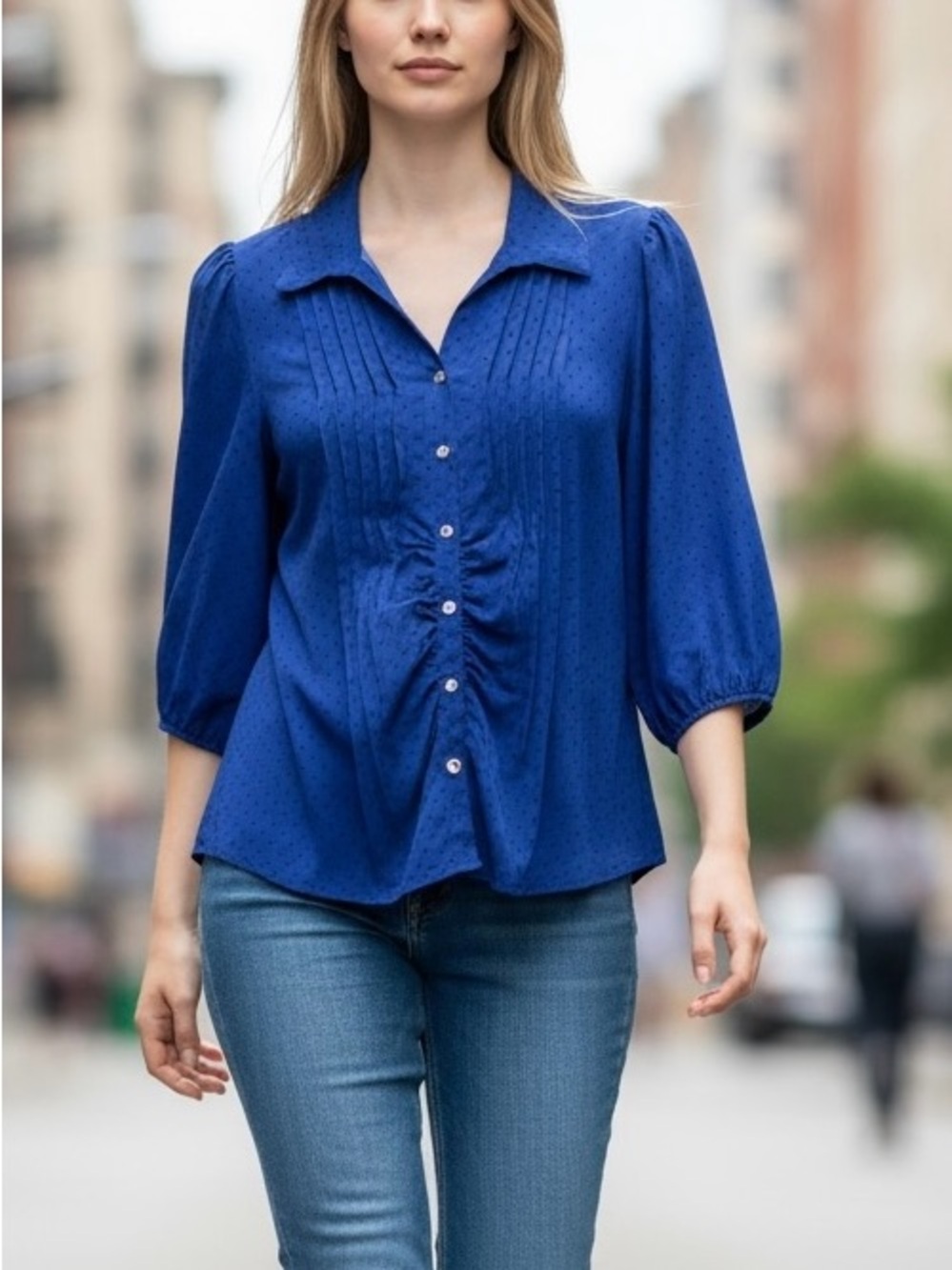 Women’s Blue Button-Front Pintuck Blouse